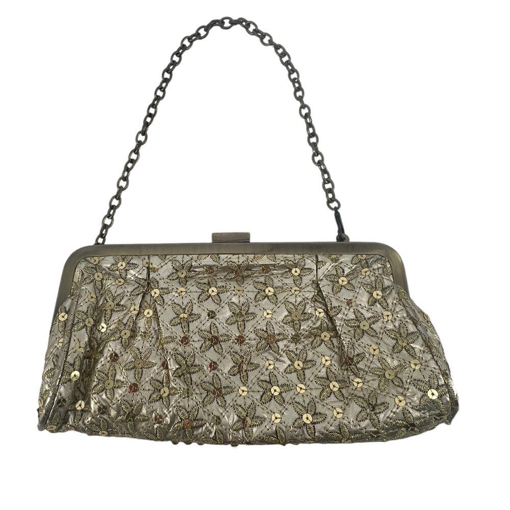 Kenneth Cole UNLISTED Vintage Gold Sequined Frame Snap Closure Wristlet Bag